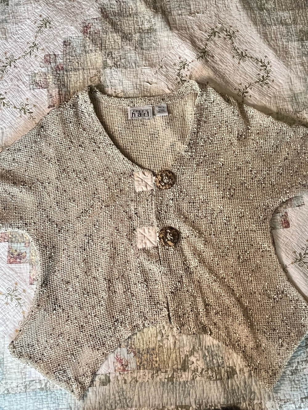 KEREN hart Open-Weave Short-Sleeve Knit Cardigan with Decorative Buttons-XL